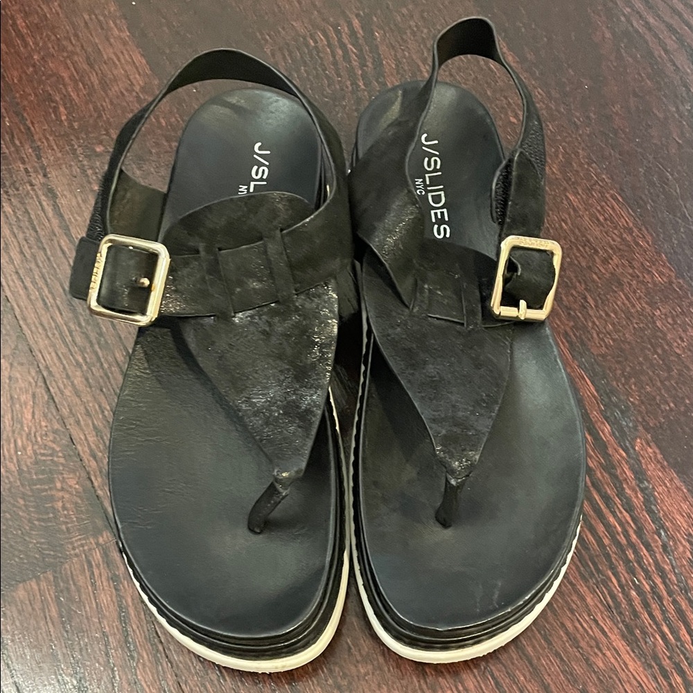 J/SLIDES Black Platform Thong Sandals with Gold Buckles